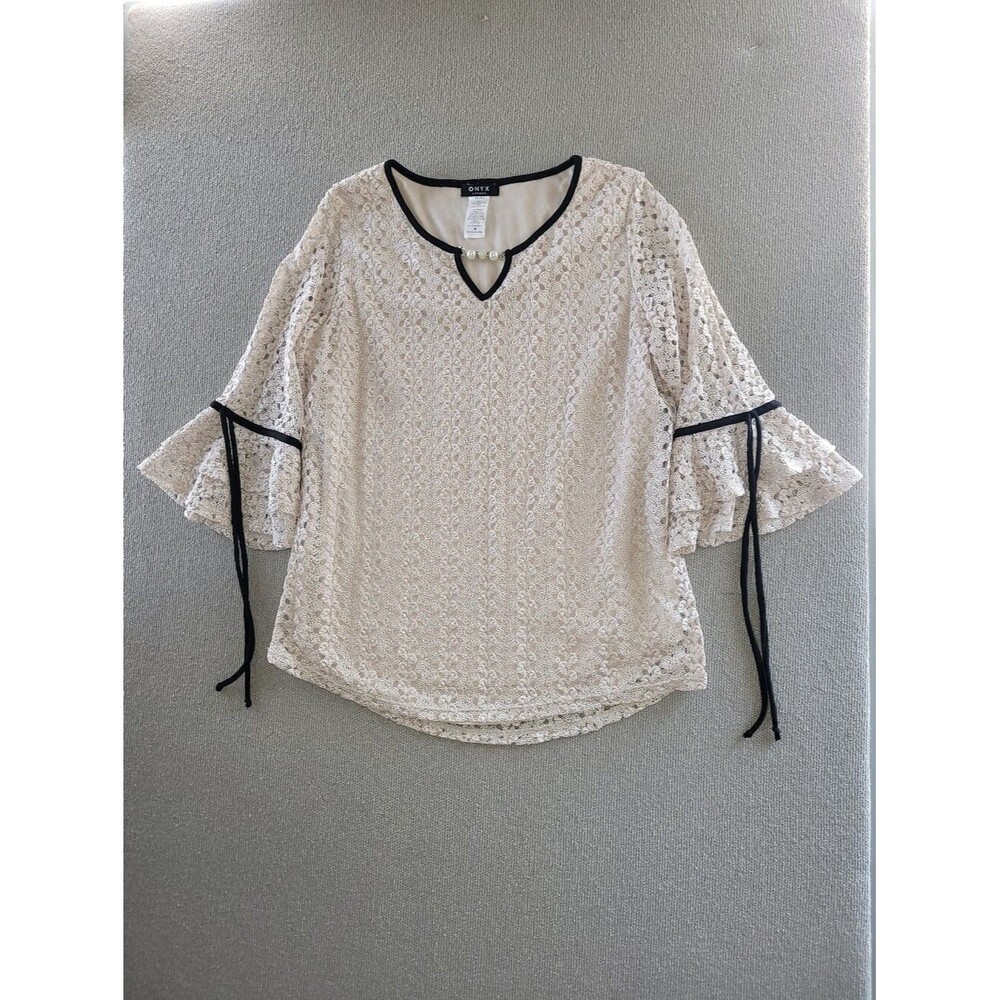 Onyx Apparel Size Medium Beige Crochet Lace Bell Sleeve Blouse Top